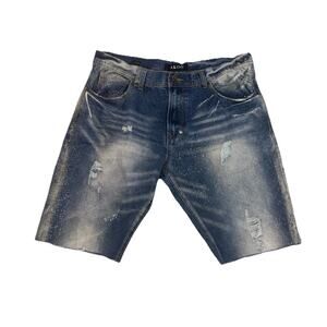 AKOO Mens Denim Shorts Size 36 Distressed Paint Splatter Raw Hem